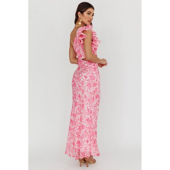 saints + secrets Sz. XL Floral Pink Deanna One-Shoulder Ruffle Maxi Dress - Picture 5 of 15